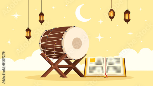 Muslim Holy Book Quran and Traditional Drum on Stand.