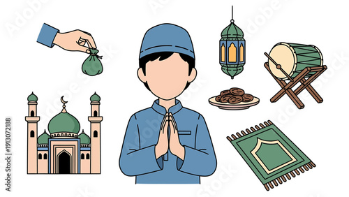 Muslim man with prayer beads and Islamic religious items for Ramadan celebration.