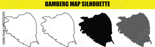 Bamberg map silhouette vector icons featuring detailed outlines and solid black shapes for regional geographic branding