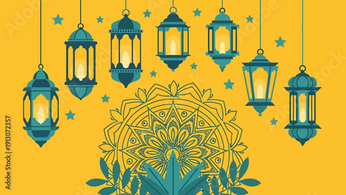 Beautiful Islamic Lanterns and Mandala Design for Ramadan.