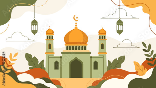 Beautiful Mosque Building with Crescent Moon and Minarets.