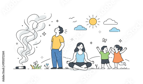 Breathing Fresh Air. Breathing clean air. People enjoying fresh air outdoors while cigarette smoke fades away in abstract shapes. The illustration highlights