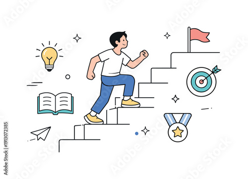 Personal growth. A character climbing gentle steps with small icons of ideas and goals floating nearby. The scene suggests