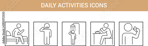Daily Activities Pictogram Icons Waking Up, Brushing, Showering, Eating, Drinking Vector Set