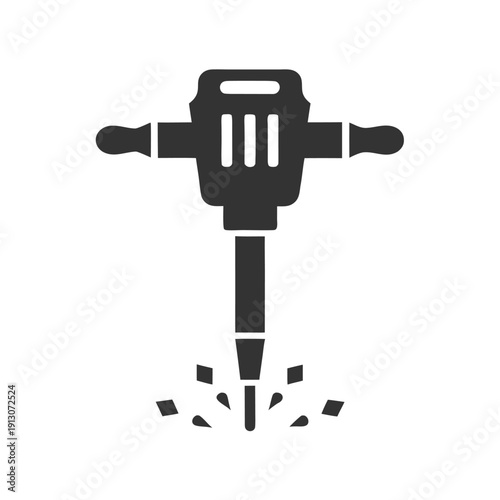 Black and white jackhammer tool breaking concrete with debris flying construction