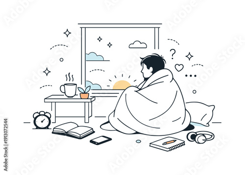 Start of day ambiguity. Person wrapped in a blanket, sitting by a window as light grows, surrounded by soft clutter. Day not yet begun,