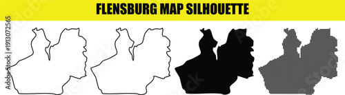 Flensburg map silhouette vector set shows outline, filled black shape and dotted texture.