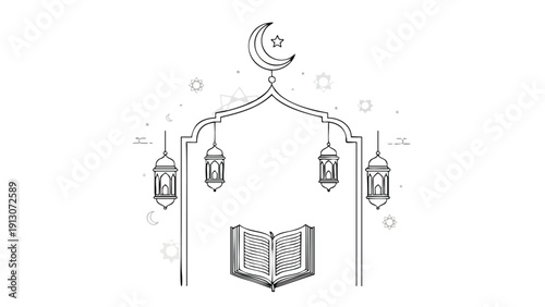 Illustration of an open book under hanging lanterns with a crescent moon on top, surrounded by stars and a simple arch, conveying a calm and spiritual mood.