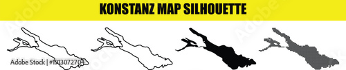 Konstanz map silhouette vector graphic includes outline, filled black shape and dotted texture.