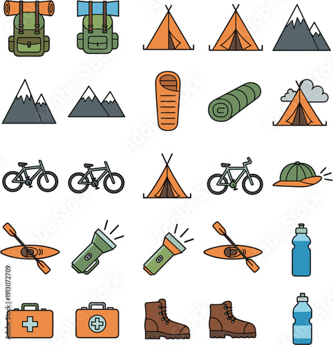 Camping and Hiking Adventure Vector Icon Set with Tent Backpack Bicycle Mountain and Outdoor Equipment Collection