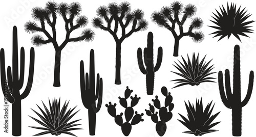 Desert cactus silhouette collection with saguaro, prickly pear, agave, and Joshua tree isolated on white background, botanical desert plant vector set for design