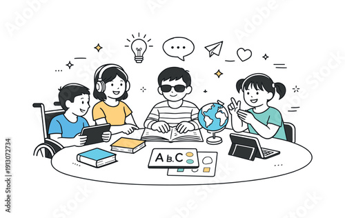 Learning without barriers. Students with different abilities collaborating around a table using books, tablets, and visual aids. Warm