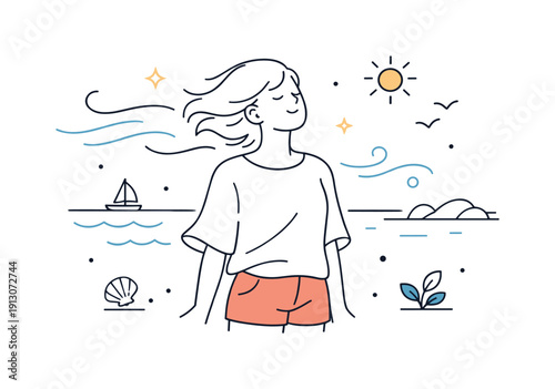 Seaside Serenity. Ocean breeze feeling. Person enjoying fresh air near the coast, hair and clothes gently moving with wind lines. Calm, airy seaside mood.