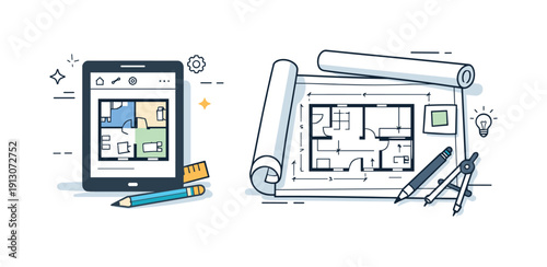 Architectural blueprints digital transition. A tablet and printed blueprints side by side, showing modern tools integrated with classic