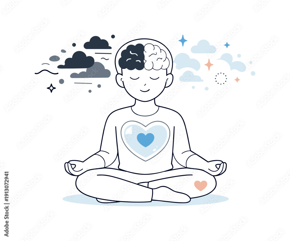 Obraz premium Emotional healing process. A person sitting calmly with a transparent heart and mind, where dark abstract forms slowly dissolve into lighter