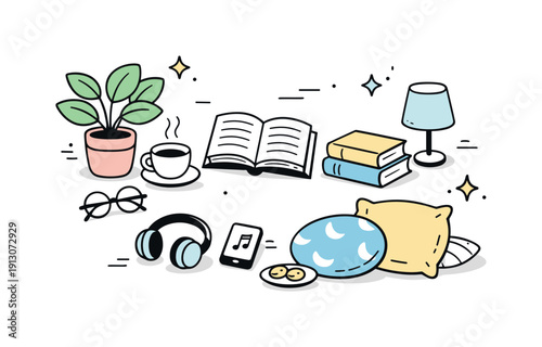 Peaceful weekend vibe. A calm scene combining leisure icons like books, plants, and cushions, expressing quiet enjoyment and a stress-free