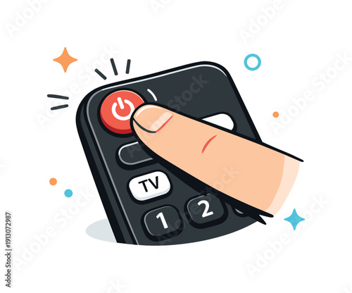 Power Button Pressed. Remote control close-up. A simple close view of a finger pressing the power button on a remote, clear and intentional. Small abstract