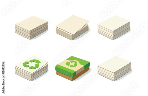    Recycled paper sheets. Isometric flat vector icons set of recycled paper sheets: eco paper stack with flecks, natural recycled sheet, layered