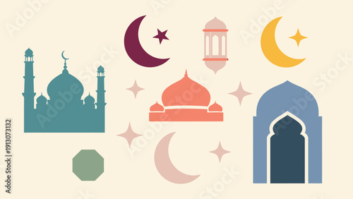 Islamic Symbols Collection Mosque Crescent Moon Lantern Stars.