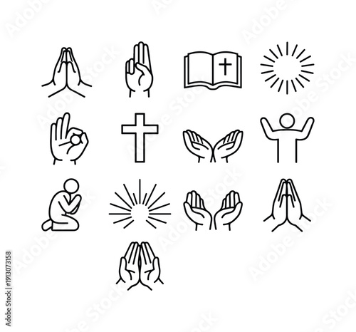 Religious Gesture. Line icon set of Religious Gesture: praying hands, blessing hand sign, holy book, sacred light, spiritual leader hand,