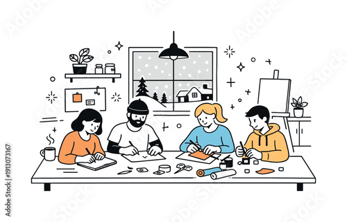 Winter Creative Workshops. Creative indoor workshops in winter. A cozy studio scene with people gathered around a table, sketching and crafting while snow
