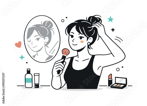 Mirror Beauty Ritual. A person styling their hair with a trendy