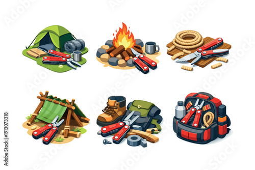 Outdoor survival. Isometric flat vector icons set of outdoor survival: multitool in camping setup, multitool near campfire, multitool with
