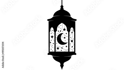 Islamic Lantern Silhouette with Crescent Moon and Stars.