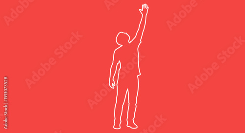 Man standing with arm raised.