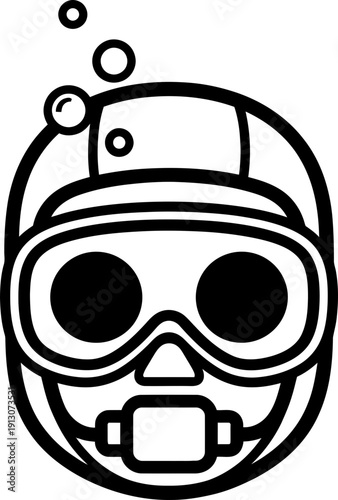 Outline scuba diver head wearing goggles and mask with bubbles. Aquatic activity, diving, summer, ocean, marine concept. Vector icon for sport, adventure