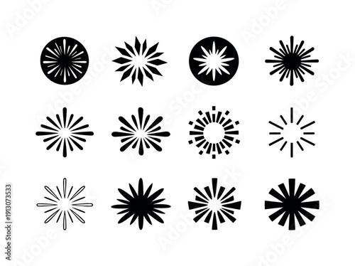 Burst. Icon set. Set Logo of Burst: energy rays circle. harmonious logo variations of the same emblematic concept, each with different