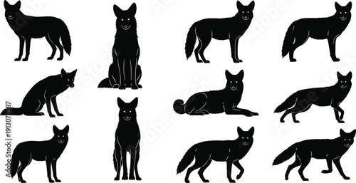 Fox silhouette collection in multiple poses isolated on white background, elegant wild forest animal vector set for logo, tattoo, wildlife branding, and design