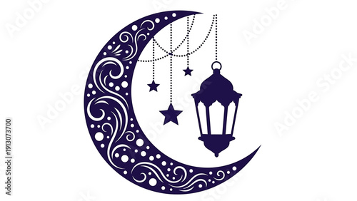 Decorative Crescent Moon with Hanging Lantern and Stars.