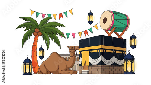 Islamic Pilgrimage Scene with Camel and Kaaba.