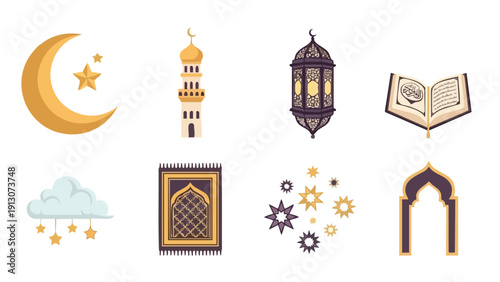 Flat lay of various Islamic icons and symbols on a white background with warm golden tones.