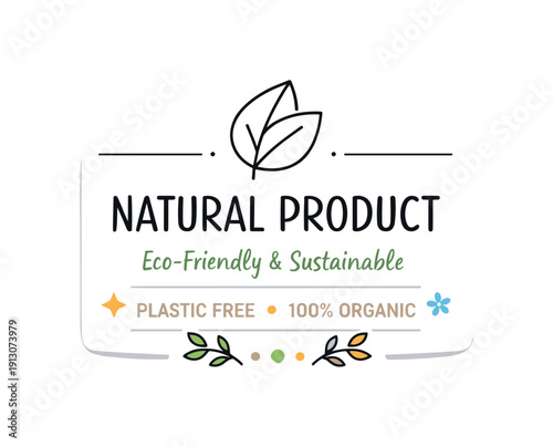 Nature vibe package design. Simple package label with hand-drawn leaf icon and short eco-friendly text, centered in the composition. Clean