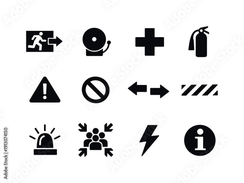 Emergency and warning signs. Solid icon set of Emergency and warning signs: emergency exit, fire alarm, first aid cross, fire extinguisher,
