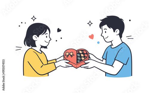 Chocolates Exchange. People sharing chocolates. Two simple characters exchanging a box of chocolates, gentle romantic gesture and friendly mood. Calm