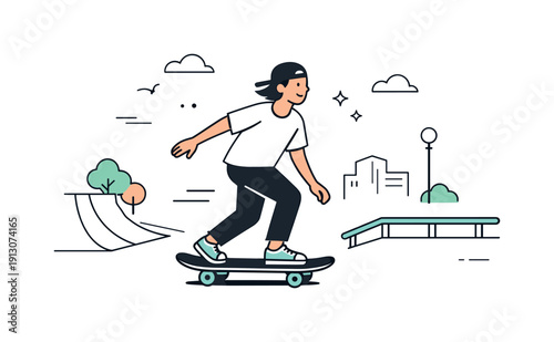 City skateboarding vibe. A single skateboarder cruising through a modern skate park with minimal city elements, expressing independence,