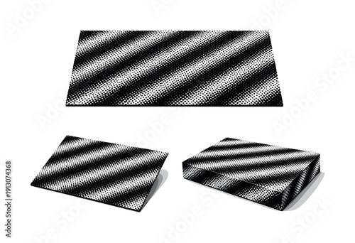   Tileable striped halftone dot background pattern shown as a single object presented in three views: flat top view, angled view, and