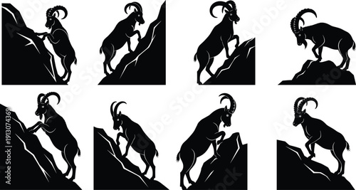 Ibex mountain goat silhouette set climbing steep rocky cliffs in dynamic poses isolated on white background, alpine wildlife vector collection for logo and design