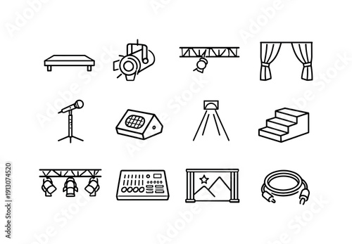    Illuminated Stage. Line icon set of Illuminated Stage: stage platform, stage spotlight, overhead truss, stage curtain, microphone stand,