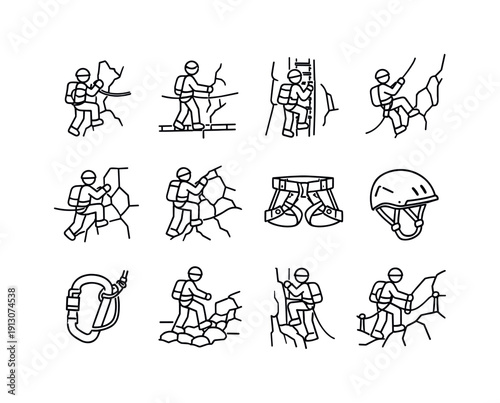 Extreme Hiking Icons. Technical Extreme Hiking. Line icon set of Technical Extreme Hiking: via ferrata route, fixed cable trail, ladder climb hiking,
