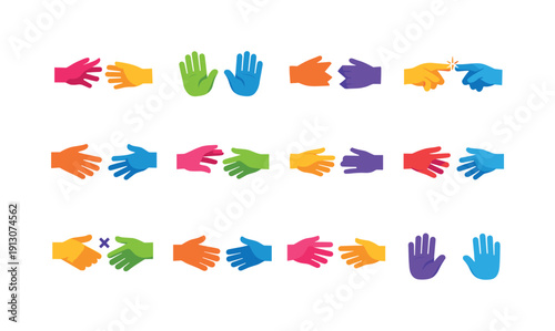 Unreachable hands. Colorful flat vector icons set of unreachable hands: reaching hands, separated palms, broken connection, almost touching