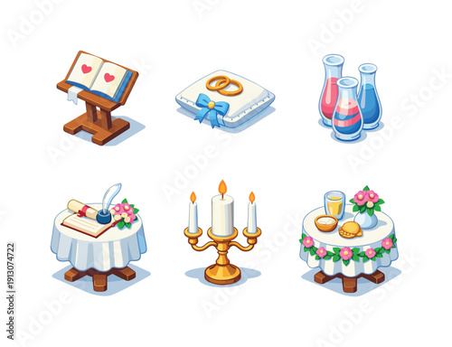Marriage Ritual Icons. Marriage ritual. Isometric flat vector icons set of Marriage ritual: vow book on stand, ceremonial rings cushion, unity sand ceremony