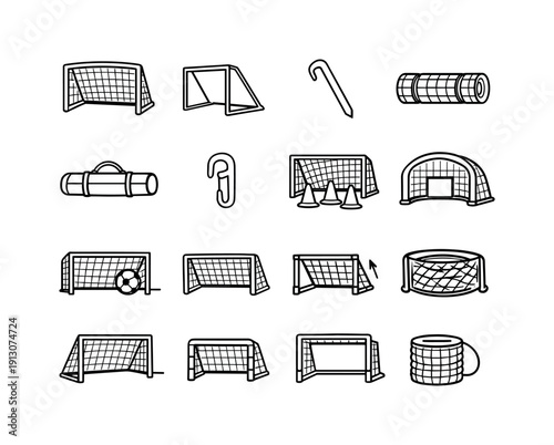    Soccer goal equipment. Line icon set of Soccer goal equipment: portable goal net, foldable goal frame, net anchor peg, replacement net roll,