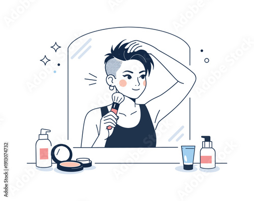 Mirror Beauty Ritual. A person styling their hair with a trendy