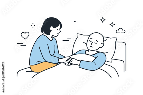 Emotional support during illness. A person sitting quietly beside a loved one, offering presence and care, expressing compassion and shared