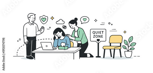 Empathetic Workplace Support. Trauma-informed workplace support. A thoughtful editorial scene where colleagues offer space and understanding through gentle