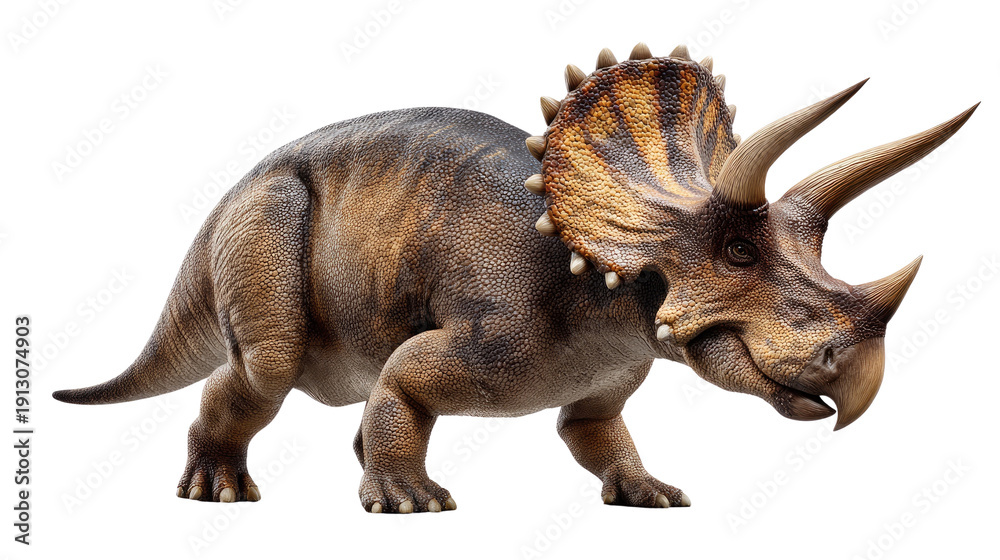 Fototapeta premium Majestic Triceratops: Witness the awe-inspiring presence of a prehistoric Triceratops, a herbivore dinosaur known for its distinctive frill, three horns, and massive build.